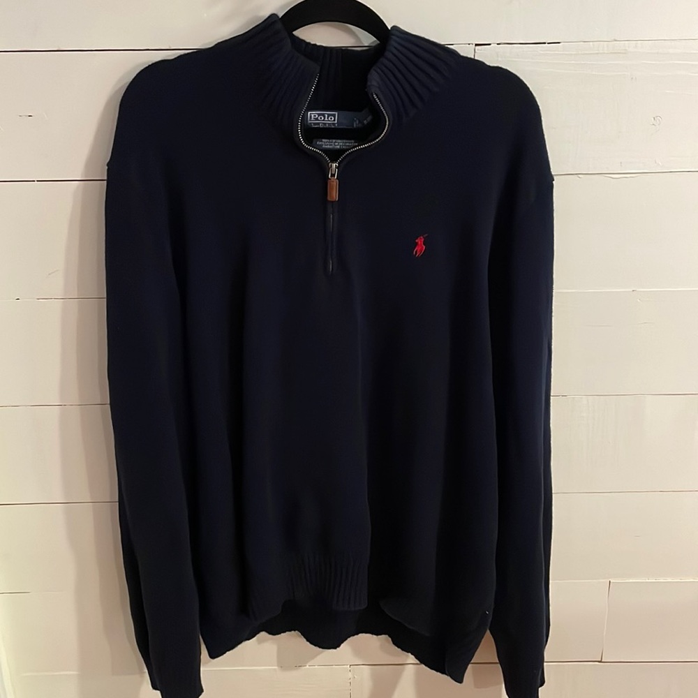 Polo by Ralph Lauren Navy 3/4 Zip Knit Sweater with Red Logo, Size XXL